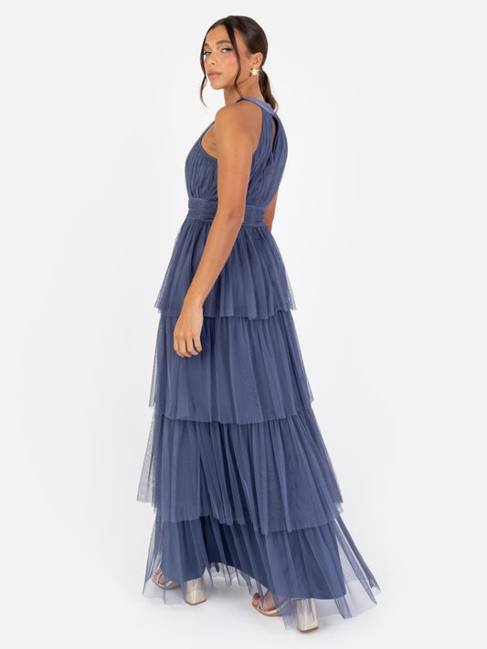 Anaya With Love Recycled Indigo Blue Halter Neck Tiered Maxi Dress