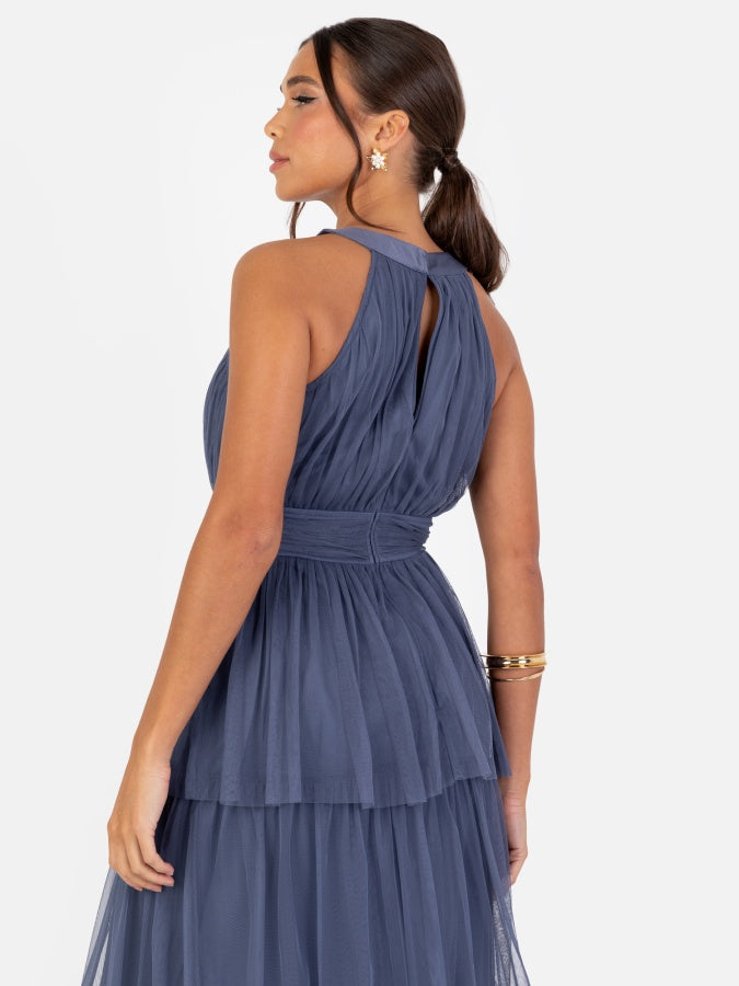 Anaya With Love Recycled Indigo Blue Halter Neck Tiered Maxi Dress
