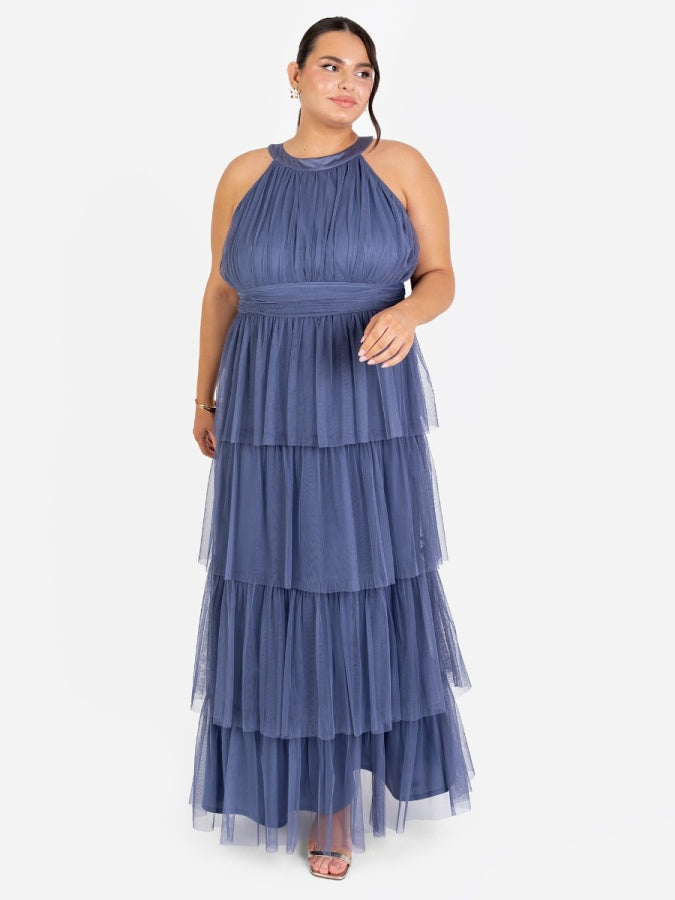 Anaya With Love Recycled Indigo Blue Halter Neck Tiered Maxi Dress