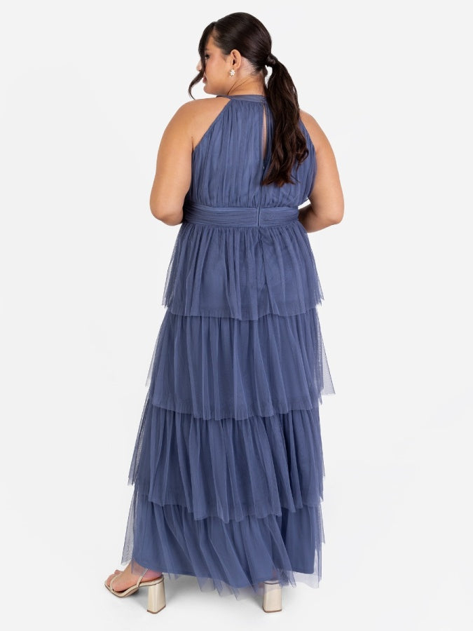 Anaya With Love Recycled Indigo Blue Halter Neck Tiered Maxi Dress