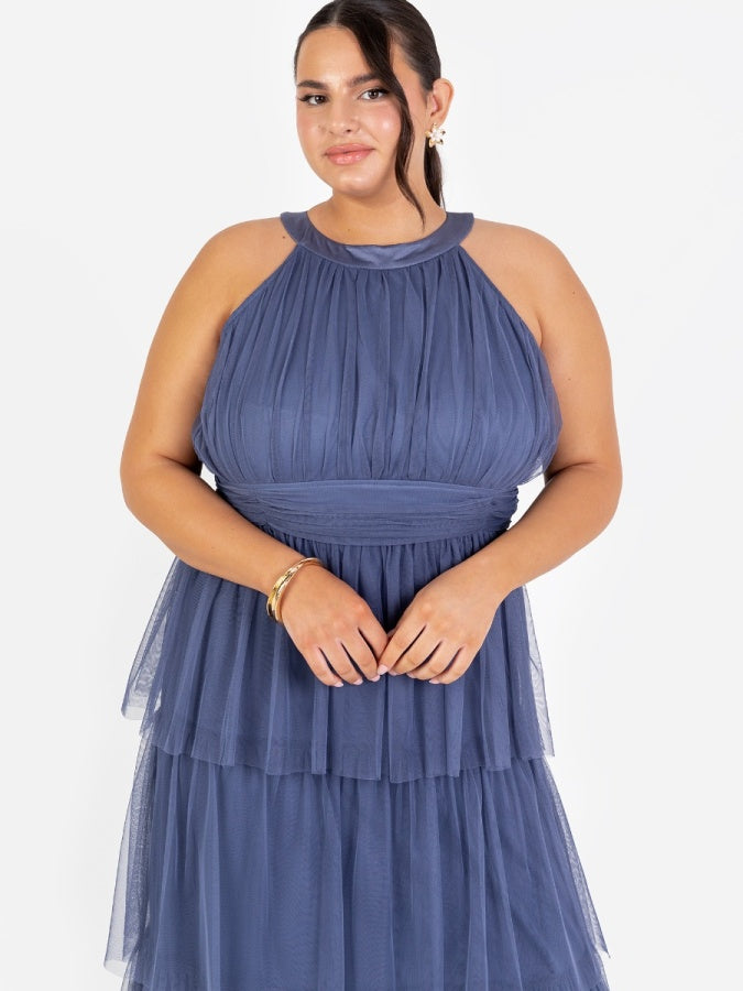 Anaya With Love Recycled Indigo Blue Halter Neck Tiered Maxi Dress