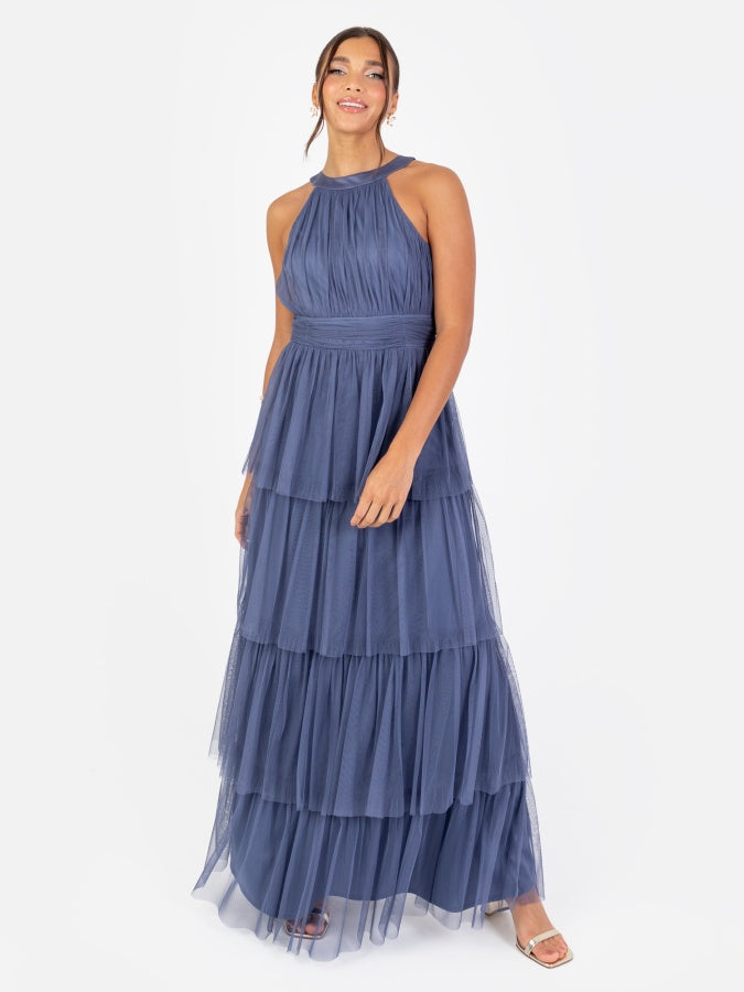 Anaya With Love Recycled Indigo Blue Halter Neck Tiered Maxi Dress