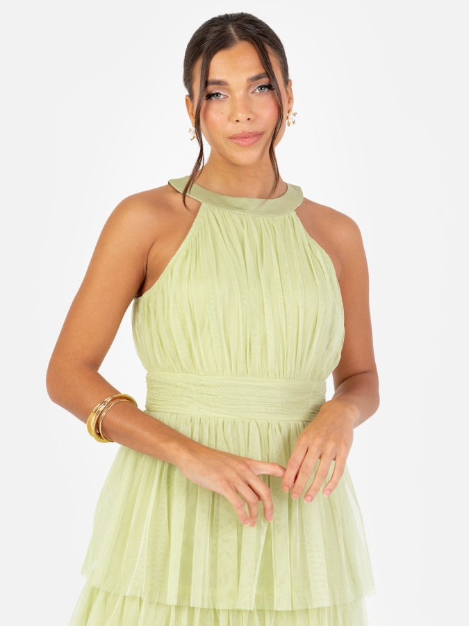 Anaya With Love Recycled Spring Green Halter Neck Tiered Maxi Dress