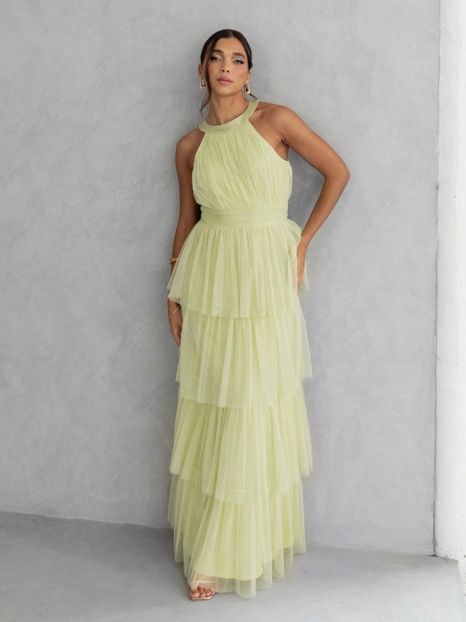 Anaya With Love Recycled Spring Green Halter Neck Tiered Maxi Dress