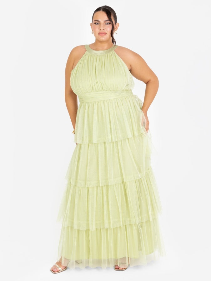 Anaya With Love Recycled Spring Green Halter Neck Tiered Maxi Dress