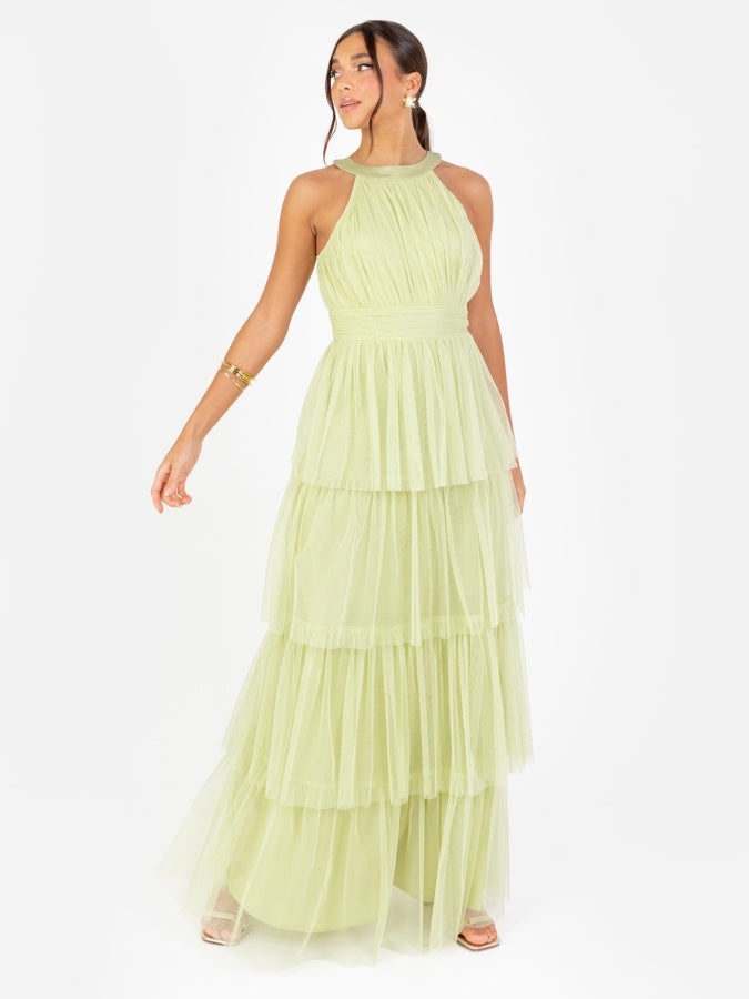 Anaya With Love Recycled Spring Green Halter Neck Tiered Maxi Dress