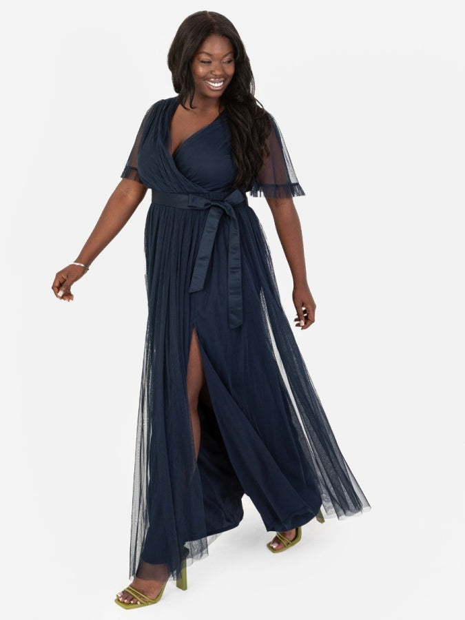 Anaya With Love Recycled Navy Faux Wrap Maxi Dress with Sash Belt
