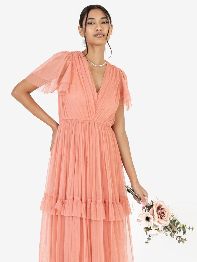 Anaya With Love Recycled Coral Pink Ruffle Maxi Dress with Keyhole Detail