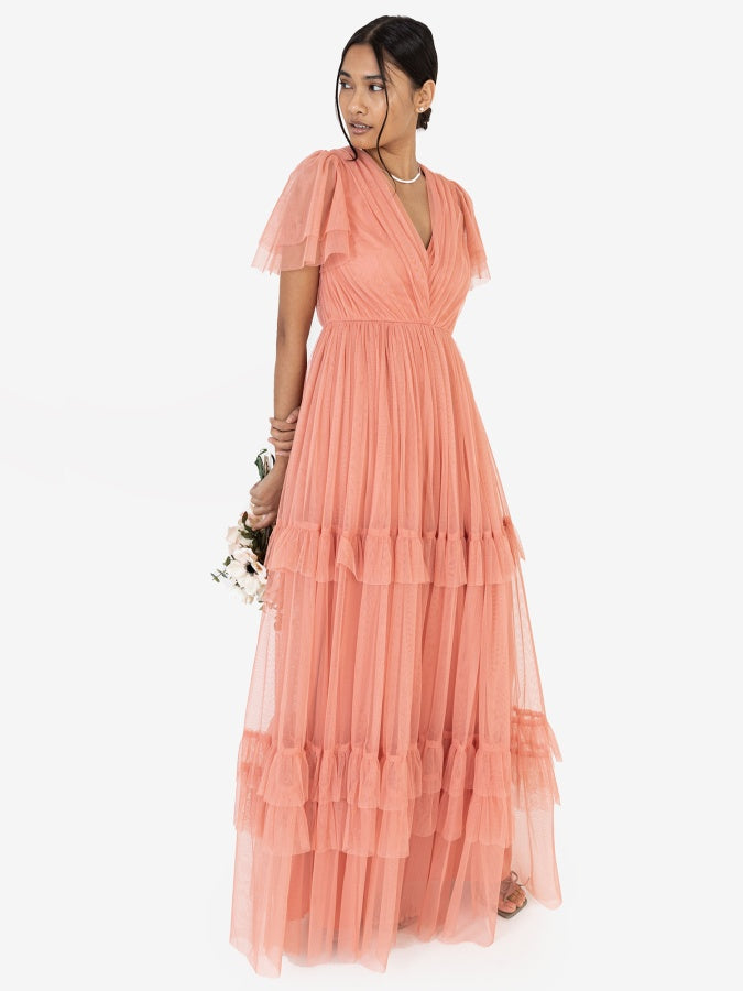 Anaya With Love Recycled Coral Pink Ruffle Maxi Dress with Keyhole Detail