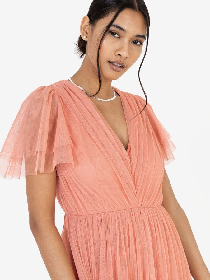 Anaya With Love Recycled Coral Pink Ruffle Maxi Dress with Keyhole Detail