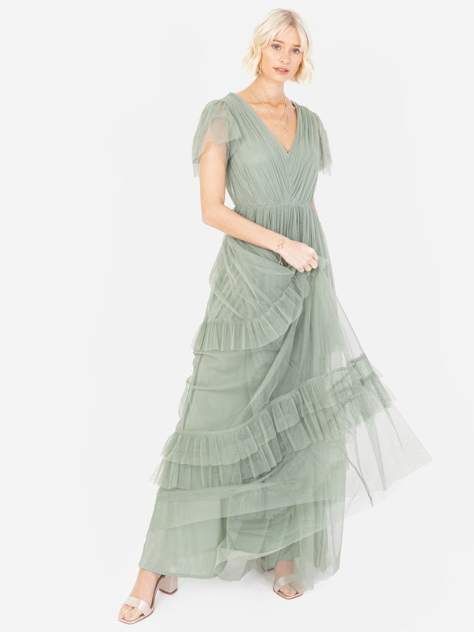 Anaya With Love Recycled Frosty Green Ruffle Maxi Dress with Keyhole Detail