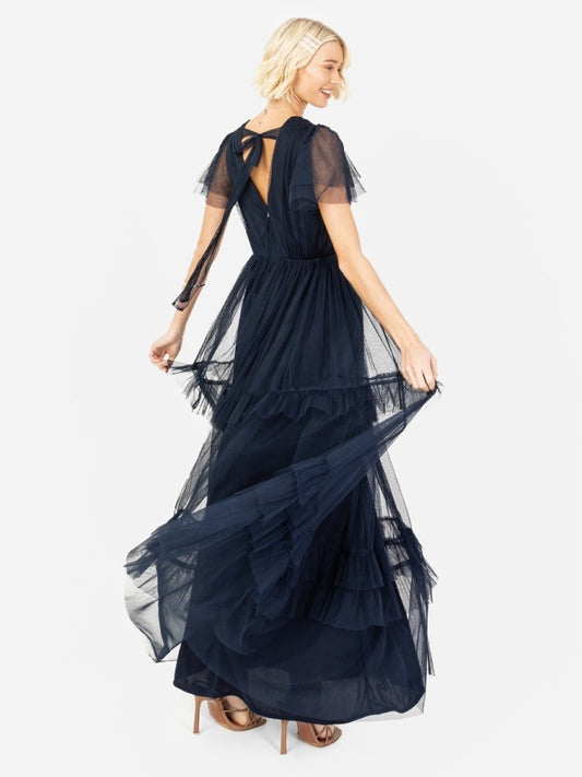 Anaya With Love Recycled Navy Ruffle Maxi Dress with Keyhole Detail