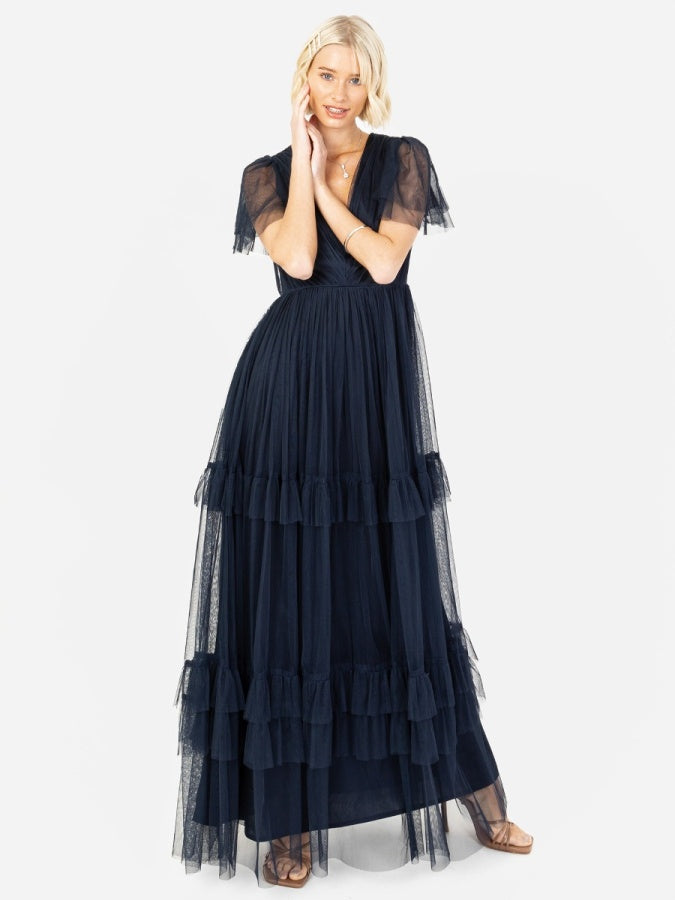 Anaya With Love Recycled Navy Ruffle Maxi Dress with Keyhole Detail
