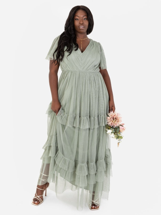 Anaya With Love Recycled Frosty Green Ruffle Maxi Dress with Keyhole Detail