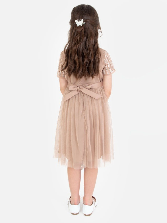 Mini Maya Taupe Blush Stripe Embellished Midi Dress With Bow