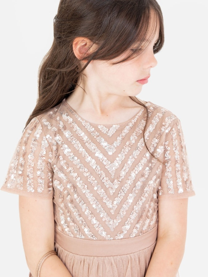 Mini Maya Taupe Blush Stripe Embellished Midi Dress With Bow