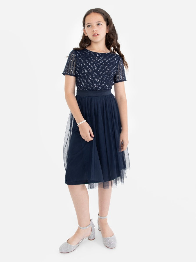 Mini Maya Navy Stripe Embellished Midi Dress With Bow