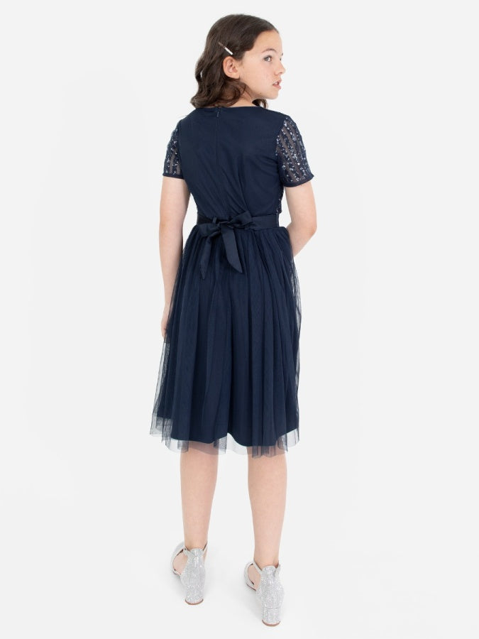 Mini Maya Navy Stripe Embellished Midi Dress With Bow