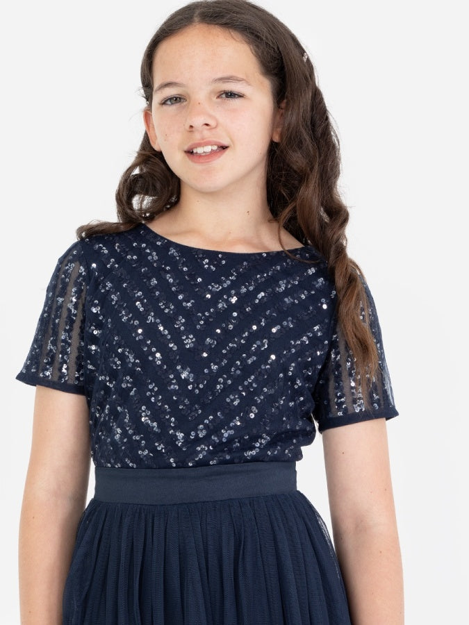 Mini Maya Navy Stripe Embellished Midi Dress With Bow