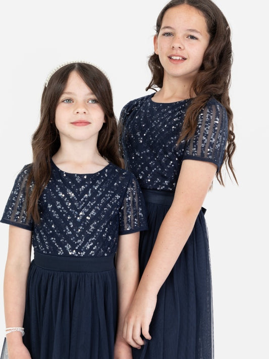 Mini Maya Navy Stripe Embellished Midi Dress With Bow