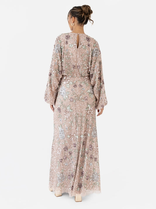 Maya Fully Embellished Round Neck Long Blouson Sleeve Maxi Dress