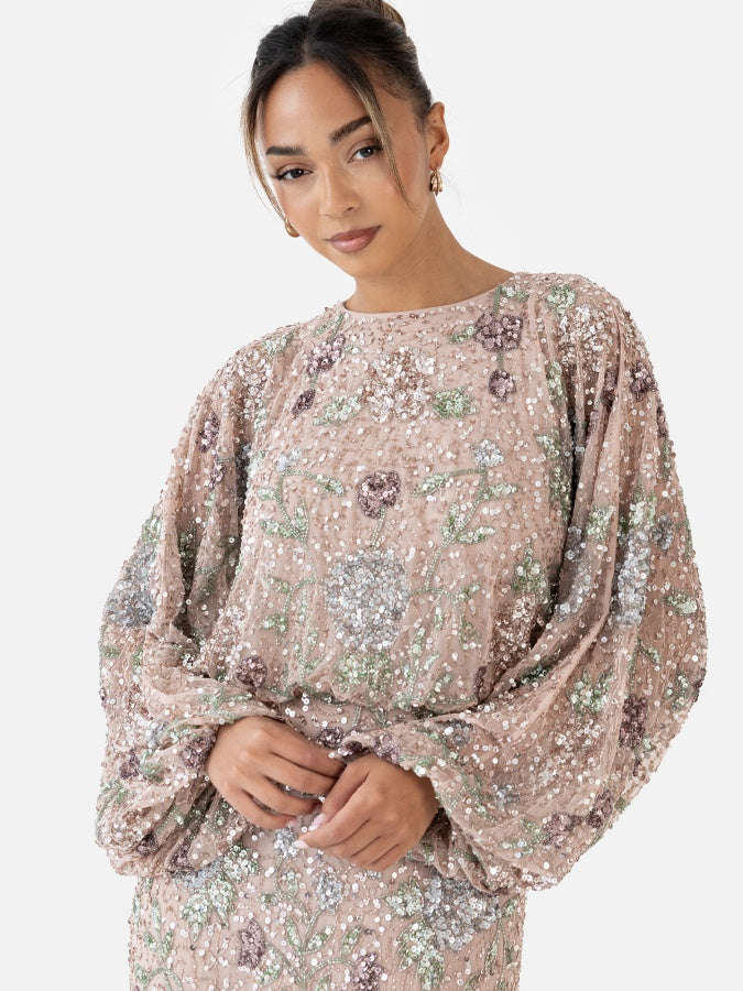 Maya Fully Embellished Round Neck Long Blouson Sleeve Maxi Dress