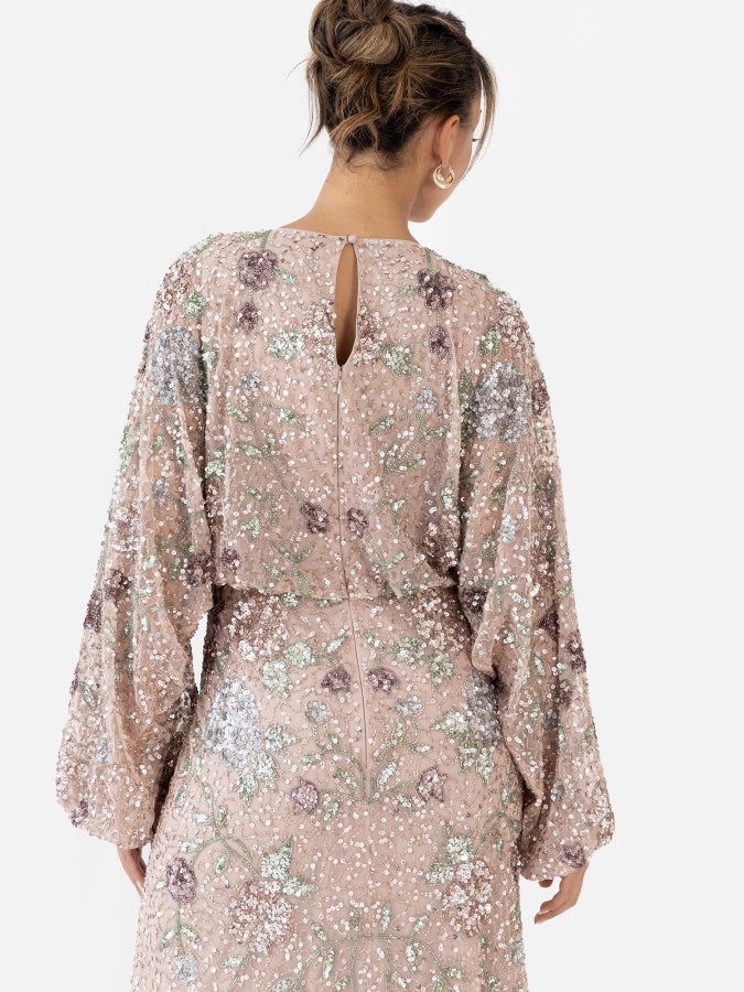 Maya Fully Embellished Round Neck Long Blouson Sleeve Maxi Dress