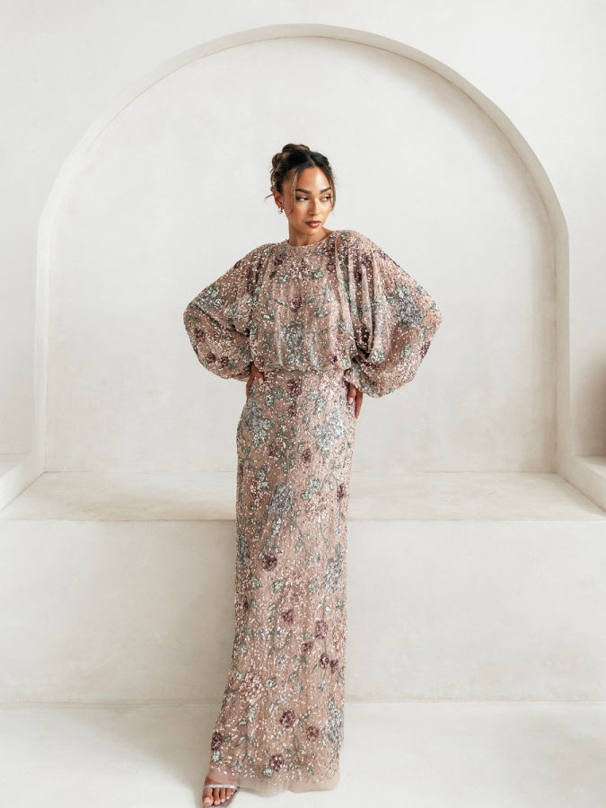 Maya Fully Embellished Round Neck Long Blouson Sleeve Maxi Dress