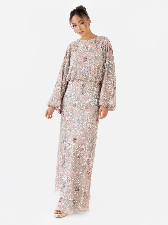 Maya Fully Embellished Round Neck Long Blouson Sleeve Maxi Dress