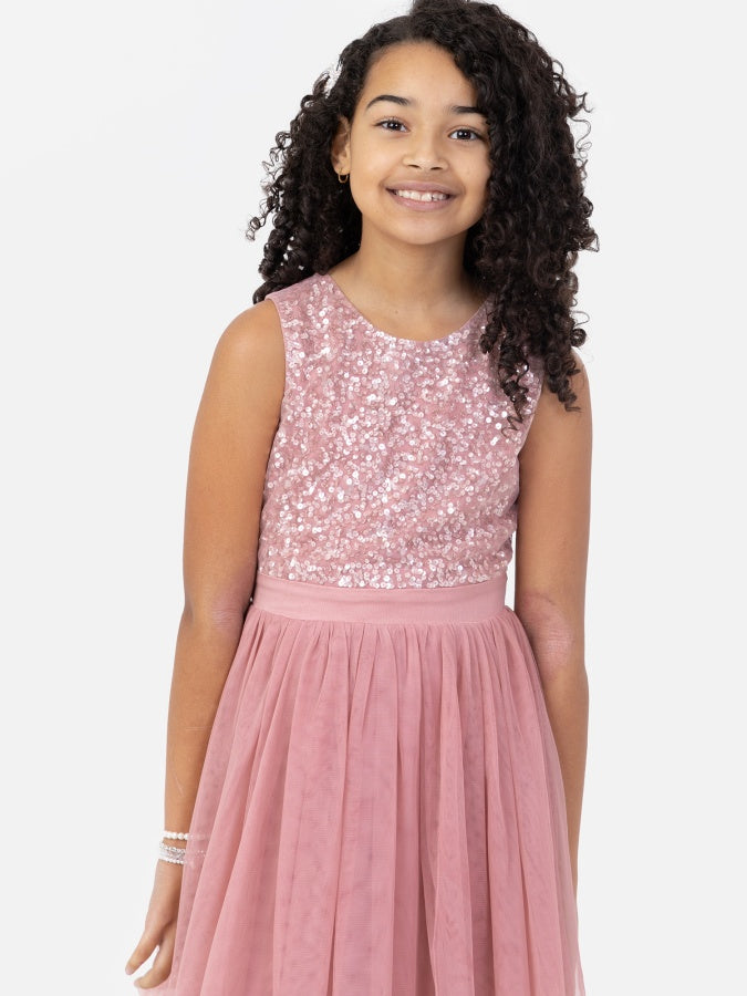Mini Maya Dusty Pink Delicate Sequin Midi Dress With Bow