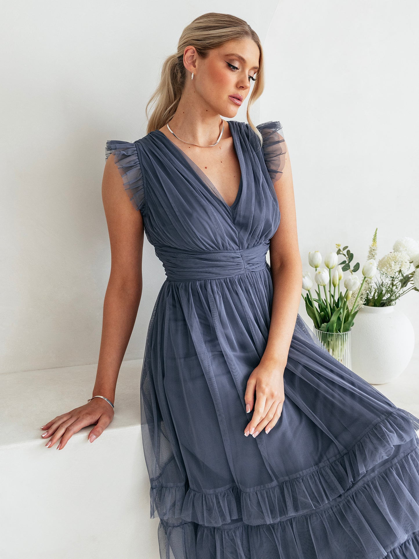 Anaya With Love Vintage Indigo Flutter Sleeve Ruffle Maxi Dress