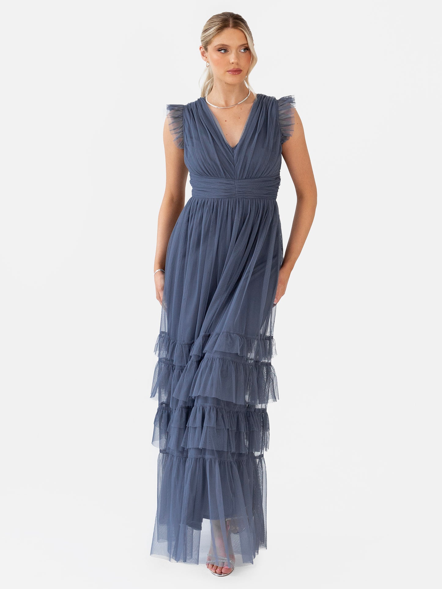 Anaya With Love Vintage Indigo Flutter Sleeve Ruffle Maxi Dress