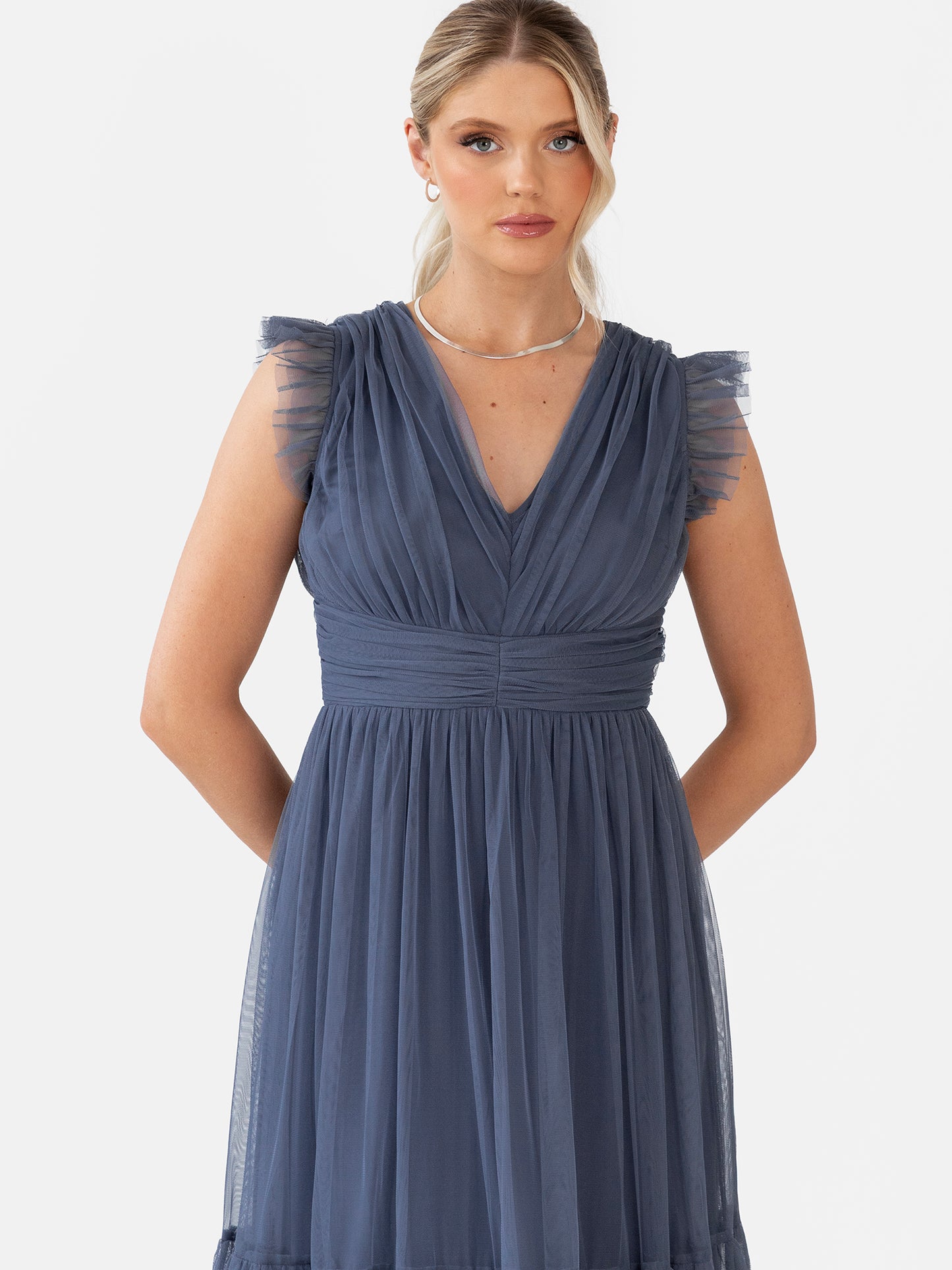 Anaya With Love Vintage Indigo Flutter Sleeve Ruffle Maxi Dress