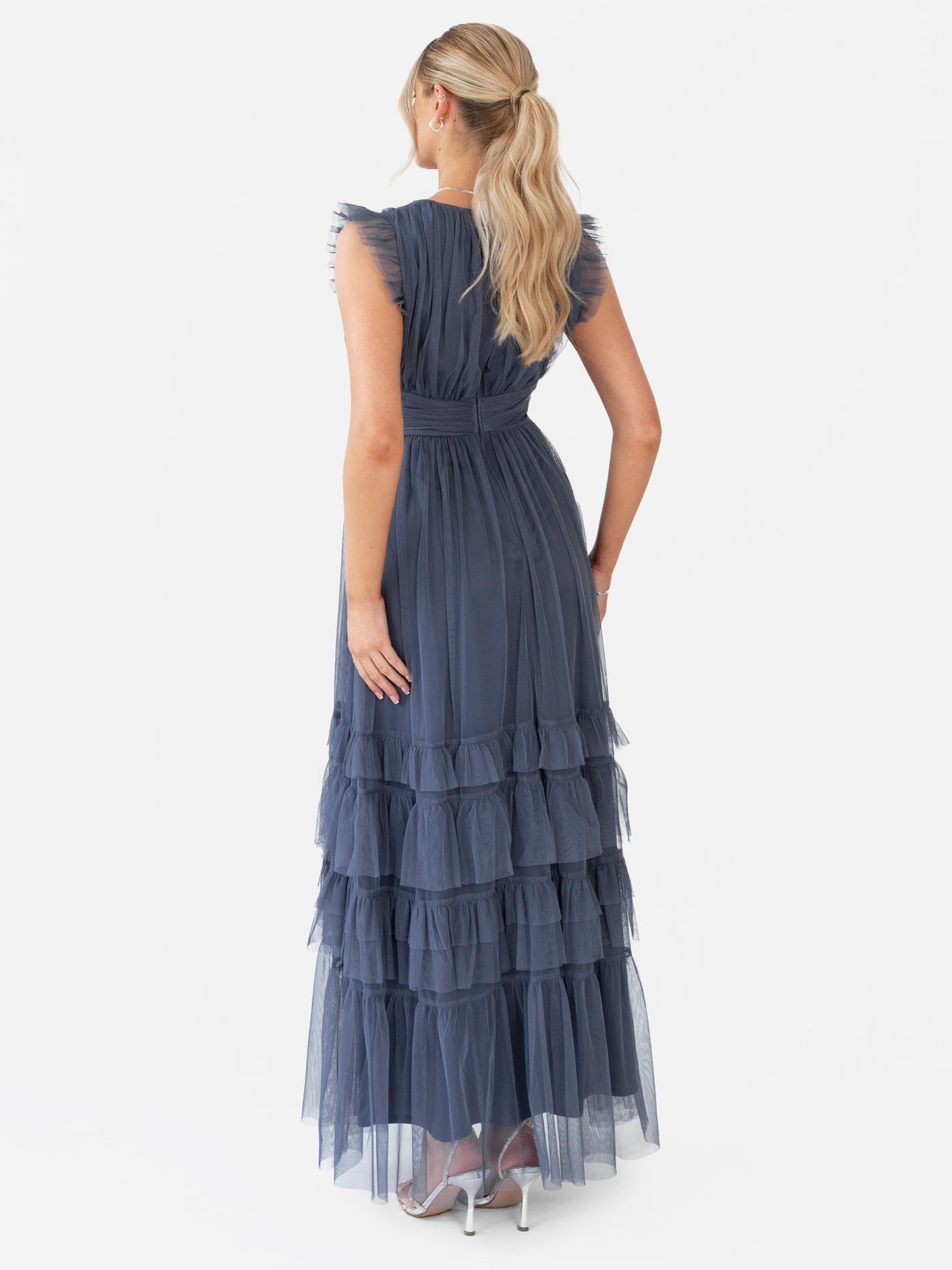 Anaya With Love Vintage Indigo Flutter Sleeve Ruffle Maxi Dress