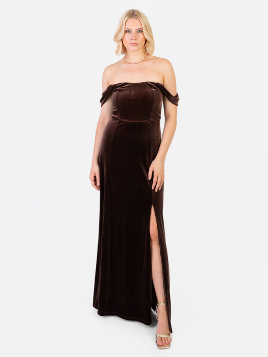 Maya Chocolate Velvet Bardot Dress