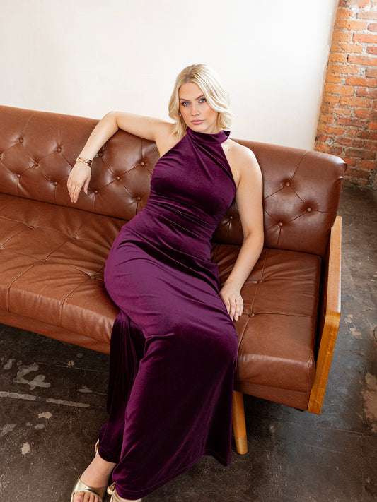 Maya Purple Halter Neck Velvet Maxi Dress