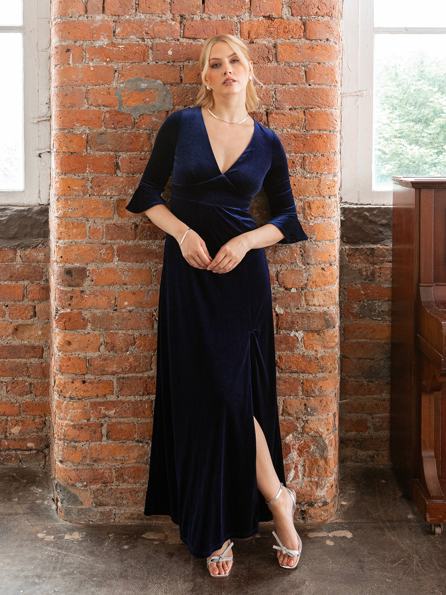 Maya Navy V Neck 3/4 Flute Sleeve Velvet Maxi Dress