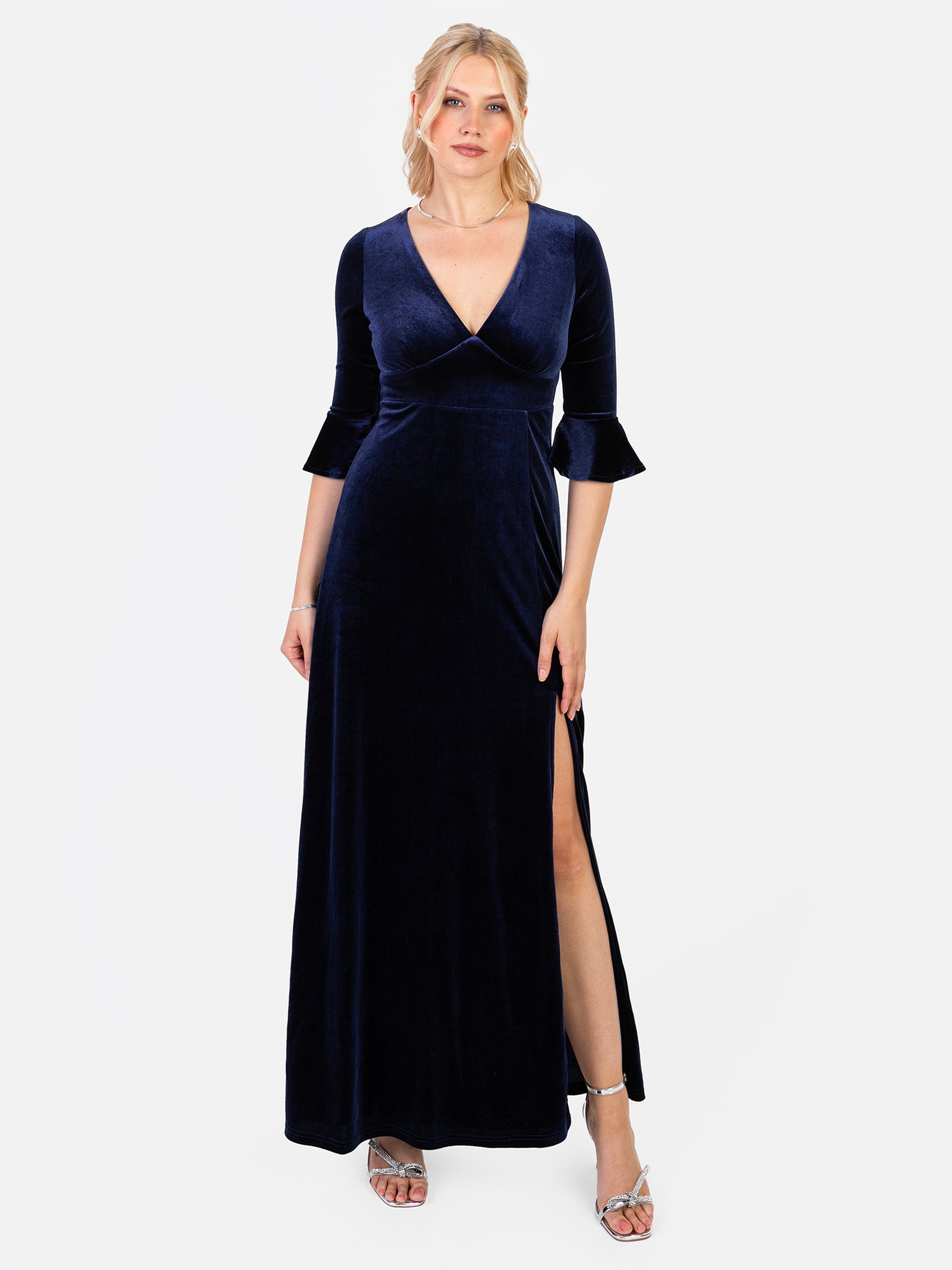 Maya Navy V Neck 3/4 Flute Sleeve Velvet Maxi Dress