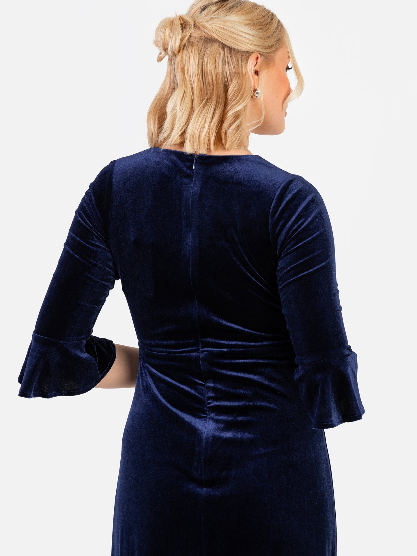 Maya Navy V Neck 3/4 Flute Sleeve Velvet Maxi Dress
