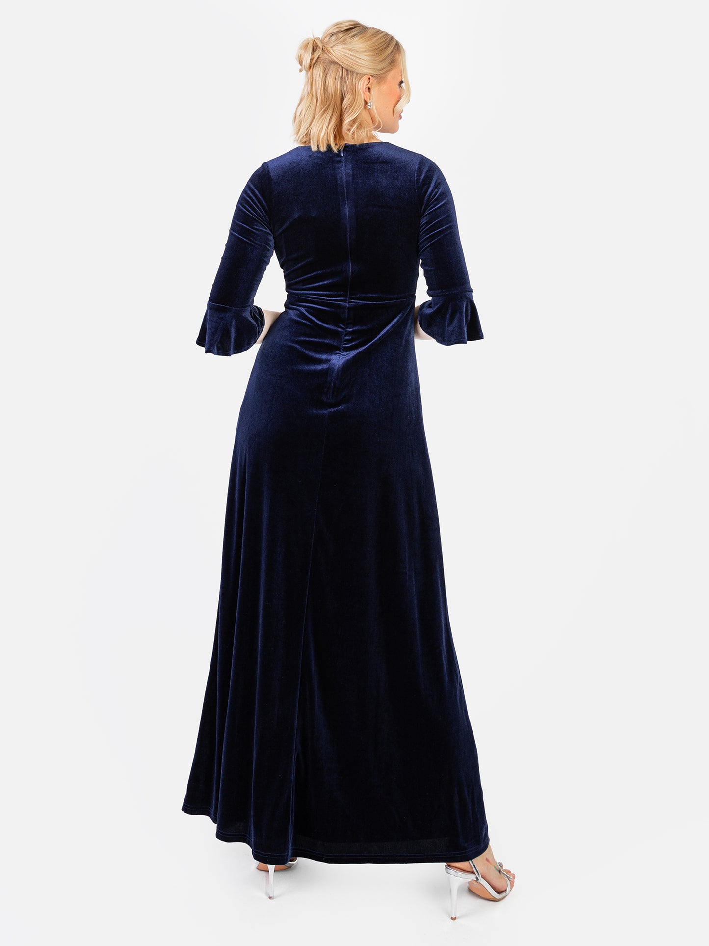 Maya Navy V Neck 3/4 Flute Sleeve Velvet Maxi Dress