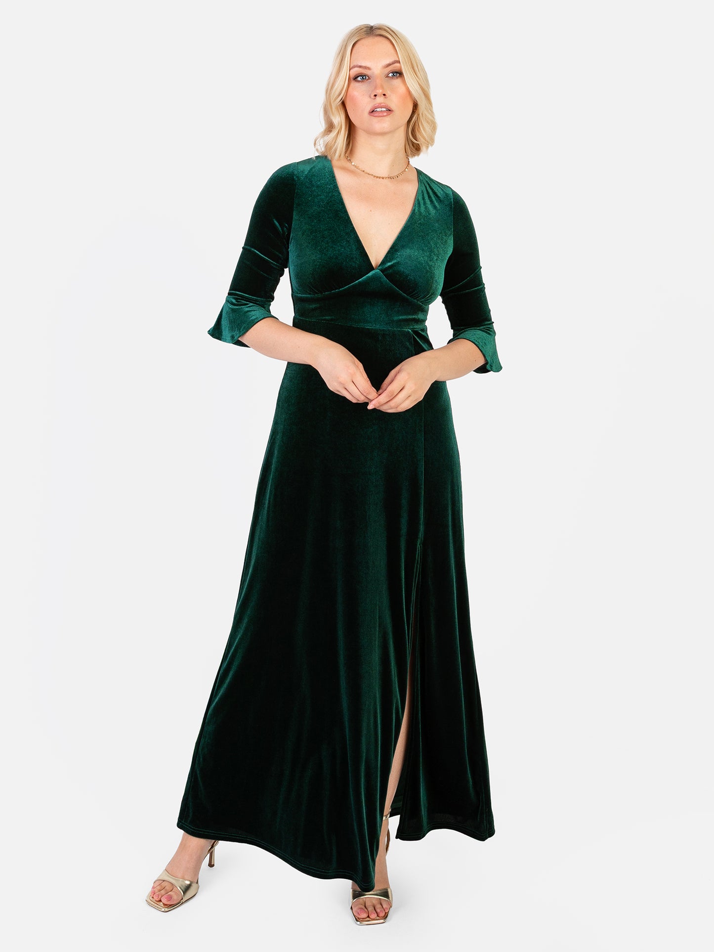 Maya Emerald Green V Neck 3/4 Flute Sleeve Velvet Maxi Dress