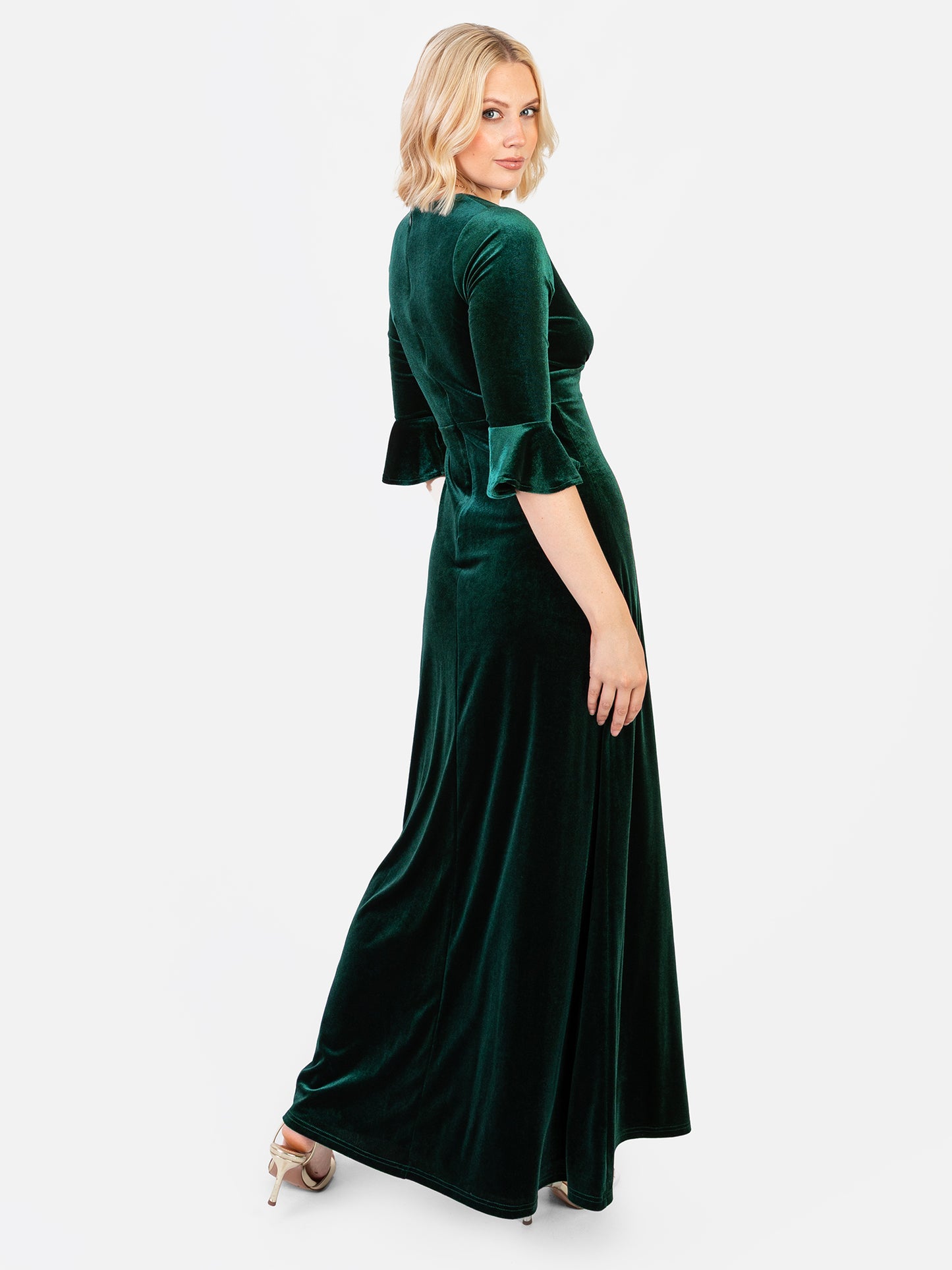 Maya Emerald Green V Neck 3/4 Flute Sleeve Velvet Maxi Dress
