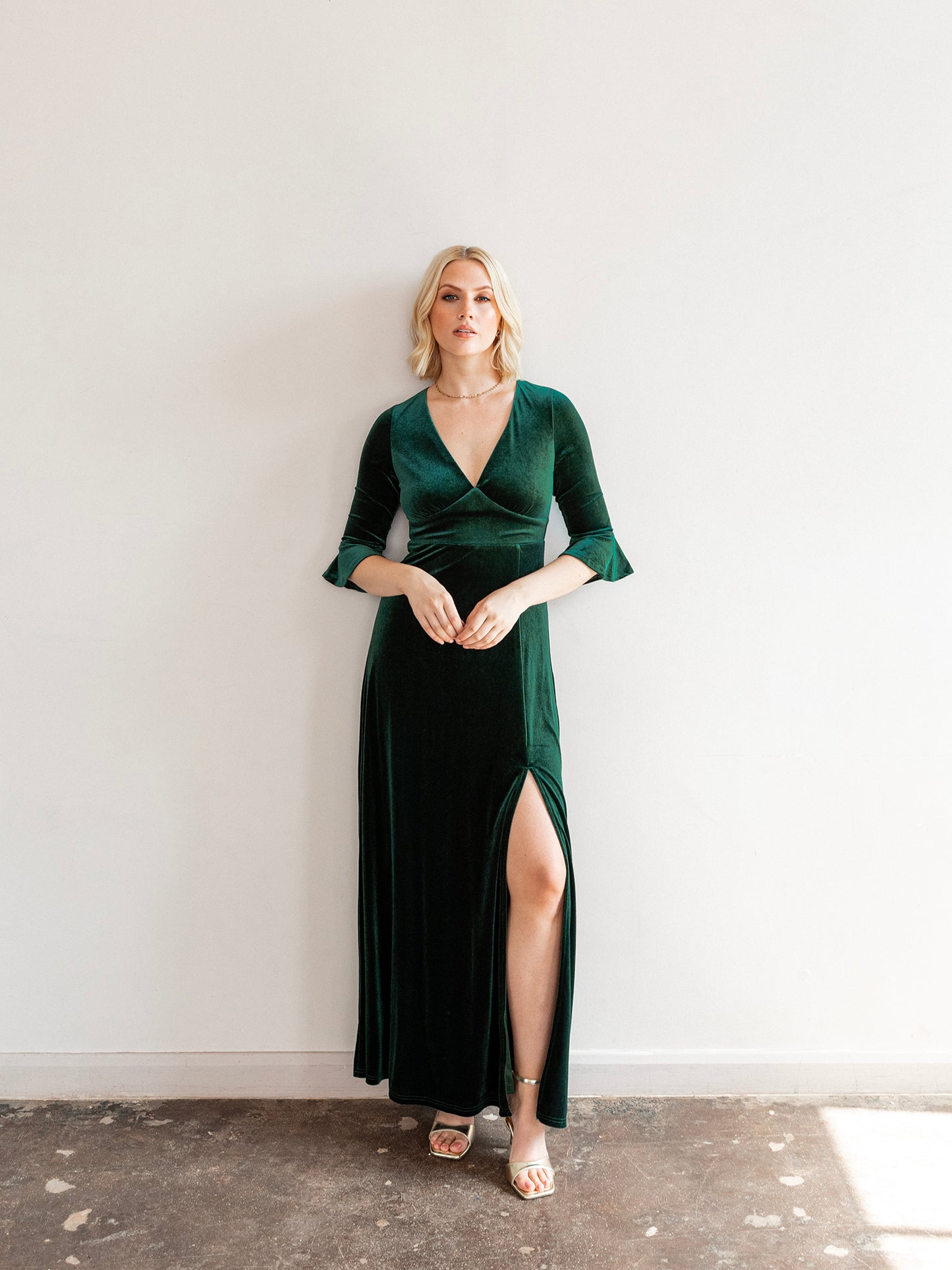 Maya Emerald Green V Neck 3/4 Flute Sleeve Velvet Maxi Dress