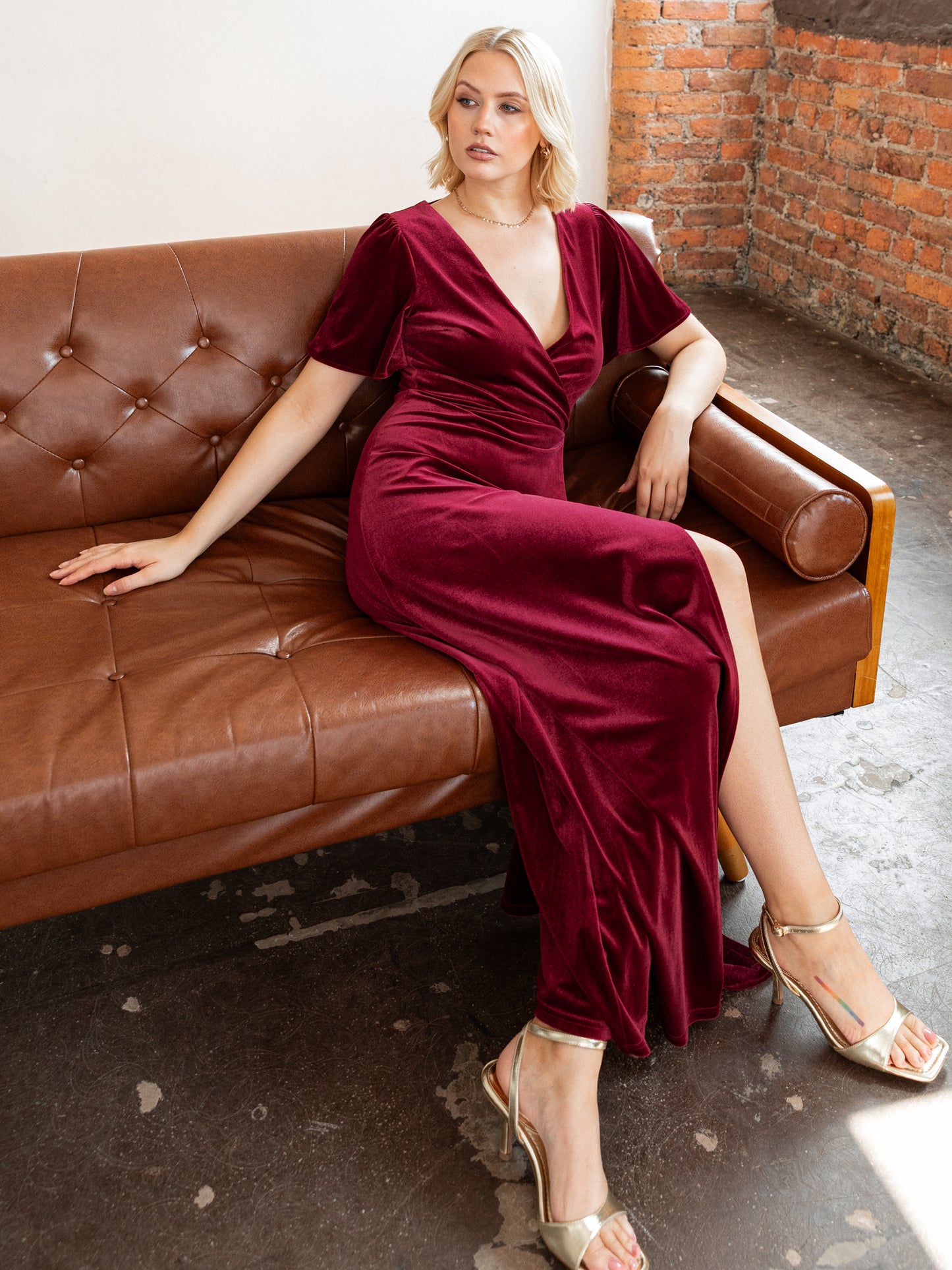 Maya Cranberry Faux Wrap Short Sleeve Velvet Maxi Dress