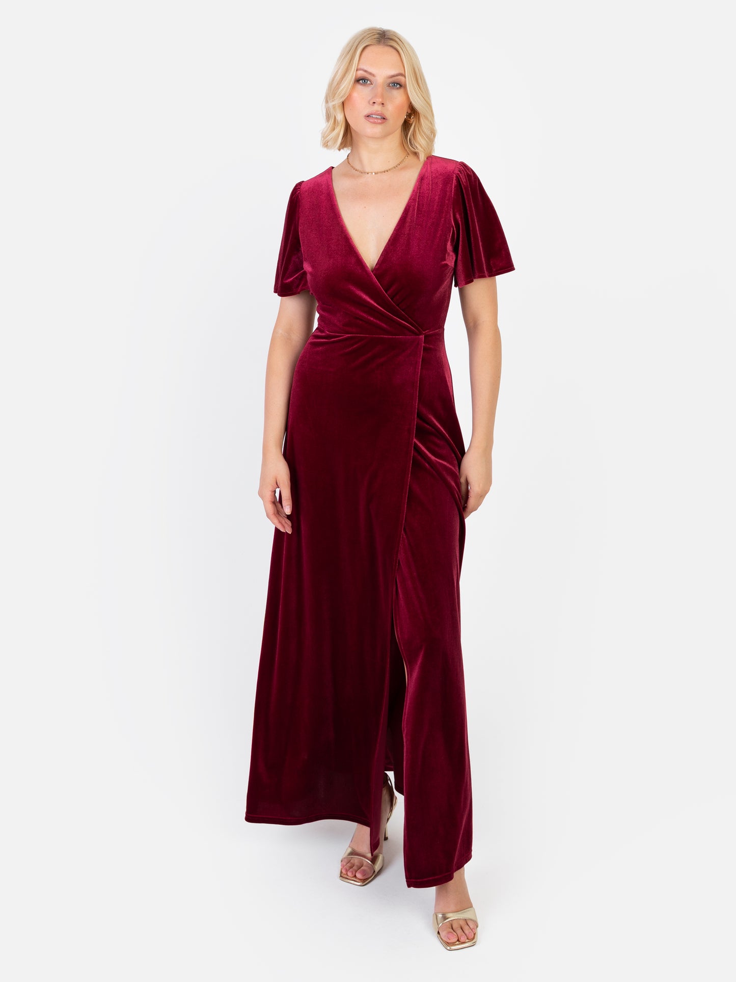 Maya Cranberry Faux Wrap Short Sleeve Velvet Maxi Dress