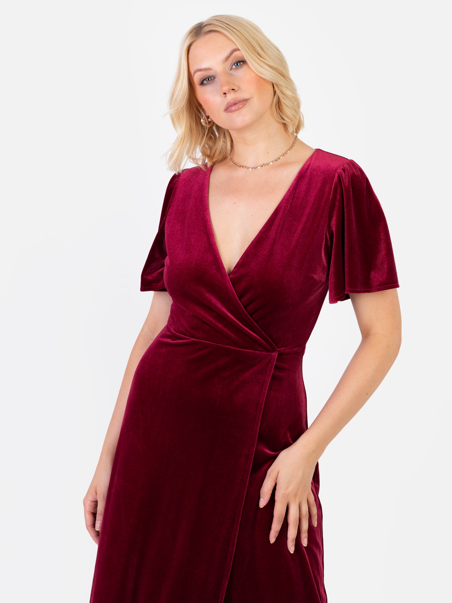 Maya Cranberry Faux Wrap Short Sleeve Velvet Maxi Dress
