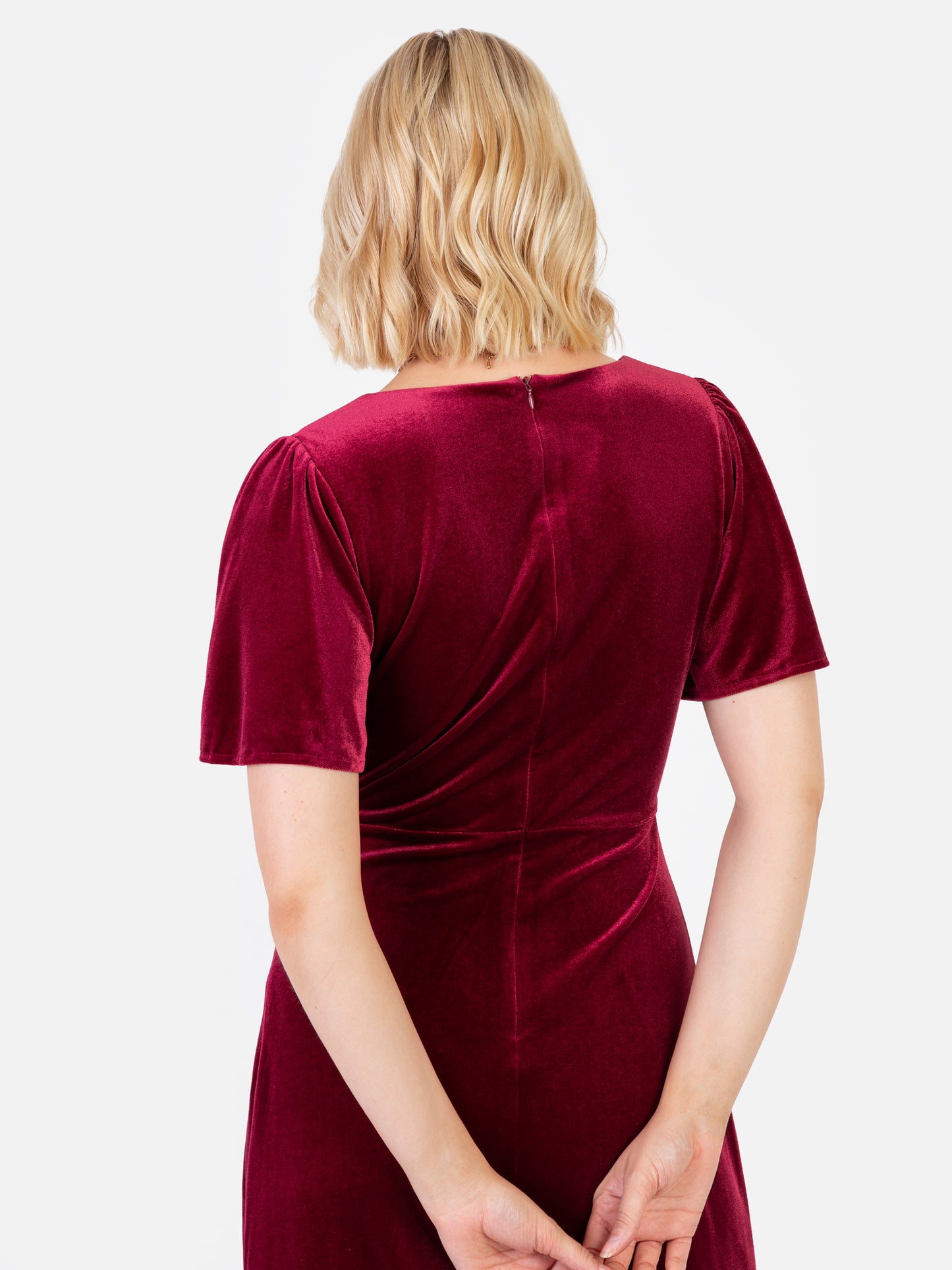 Maya Cranberry Faux Wrap Short Sleeve Velvet Maxi Dress