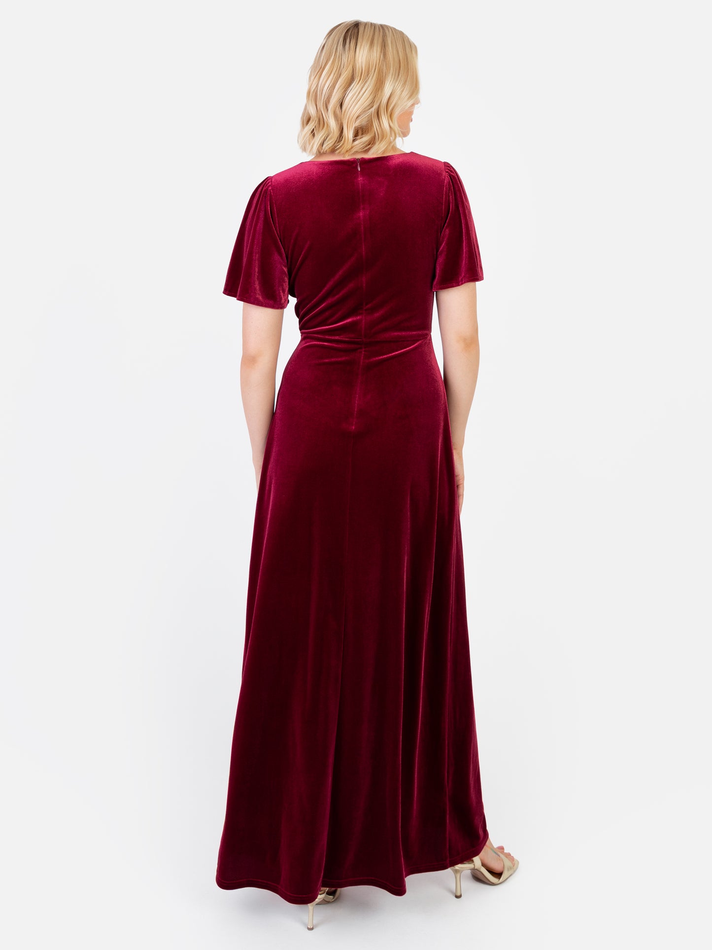 Maya Cranberry Faux Wrap Short Sleeve Velvet Maxi Dress