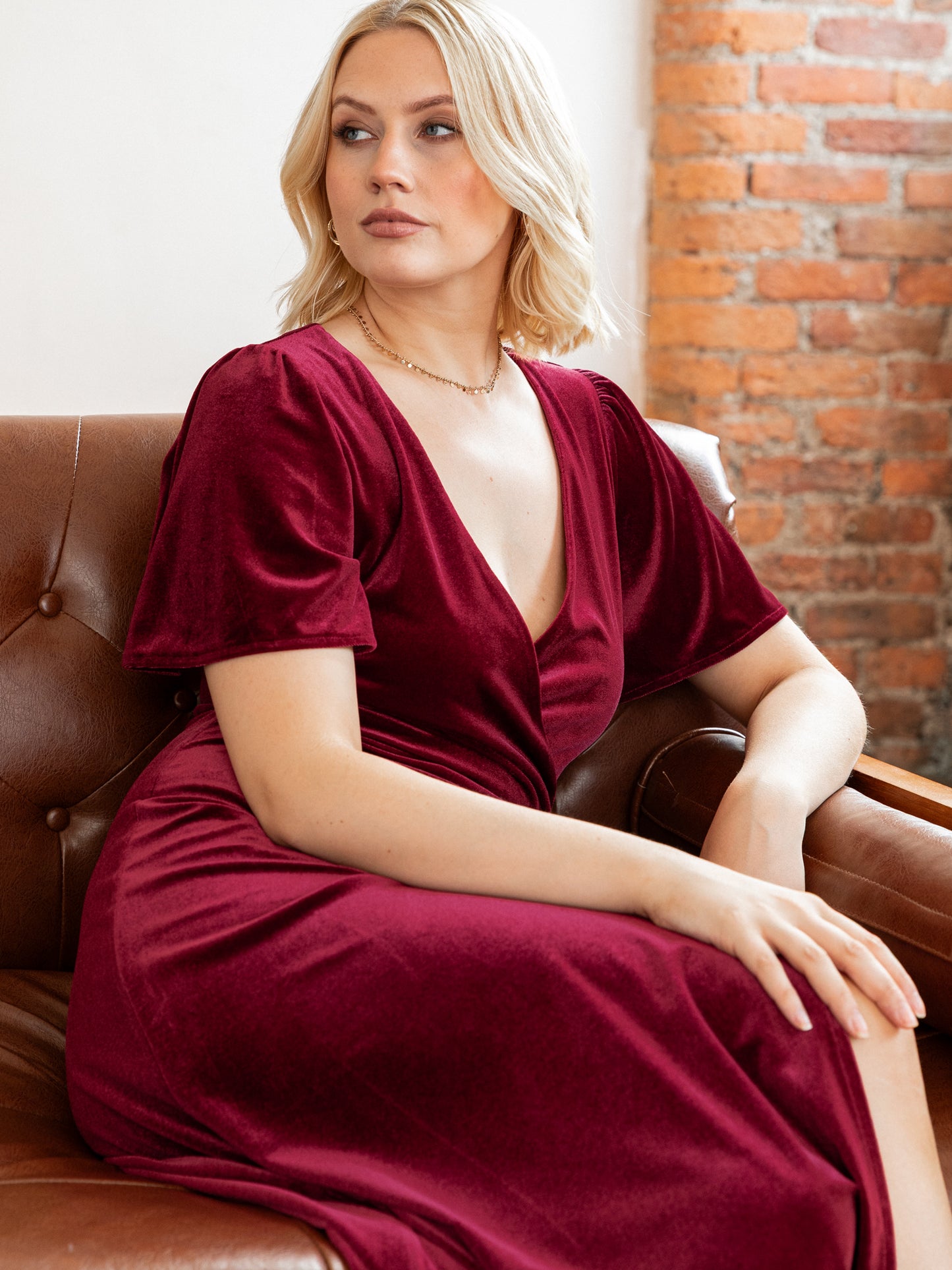 Maya Cranberry Faux Wrap Short Sleeve Velvet Maxi Dress