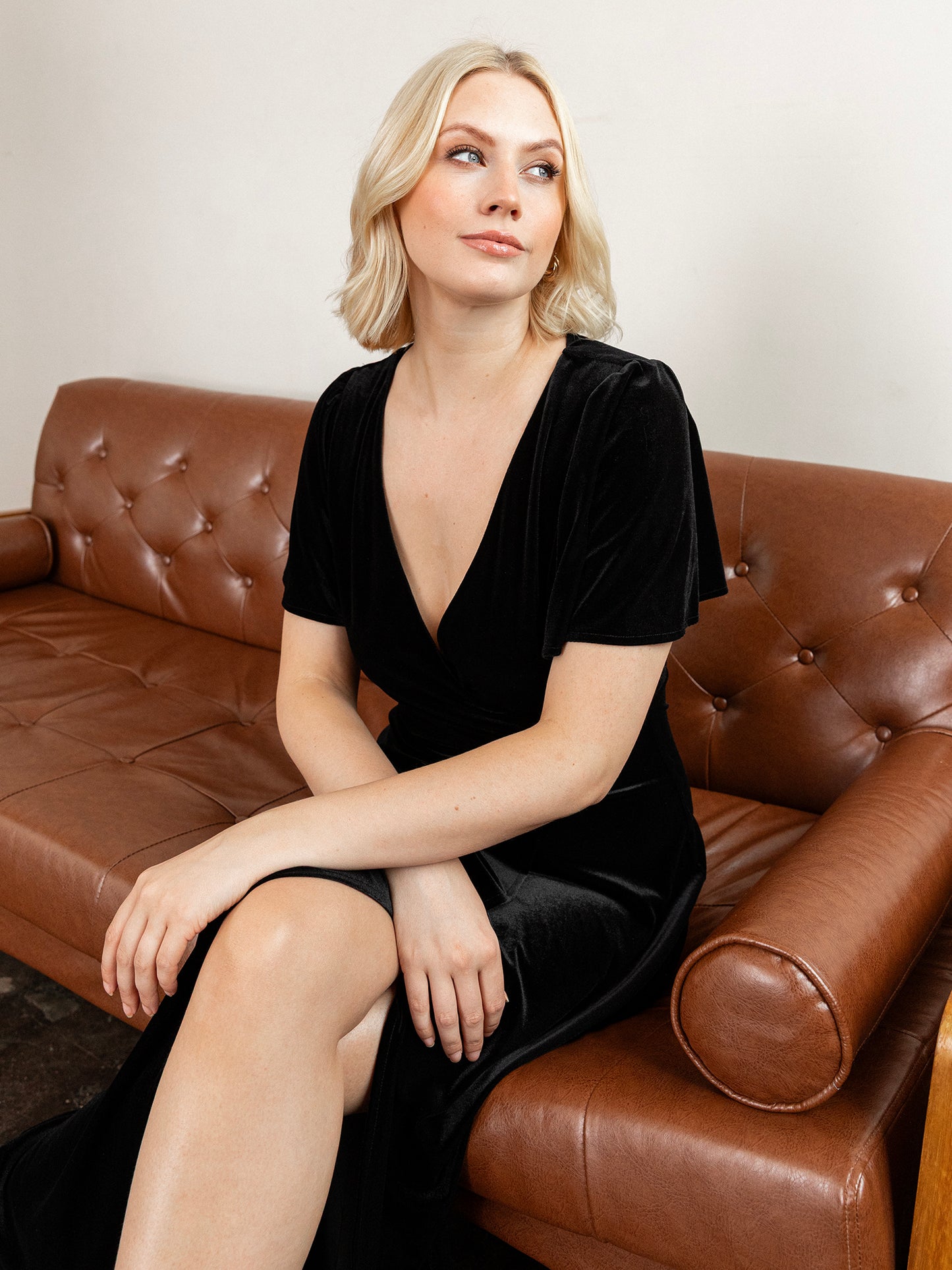 Maya Black Faux Wrap Short Sleeve Velvet Maxi Dress